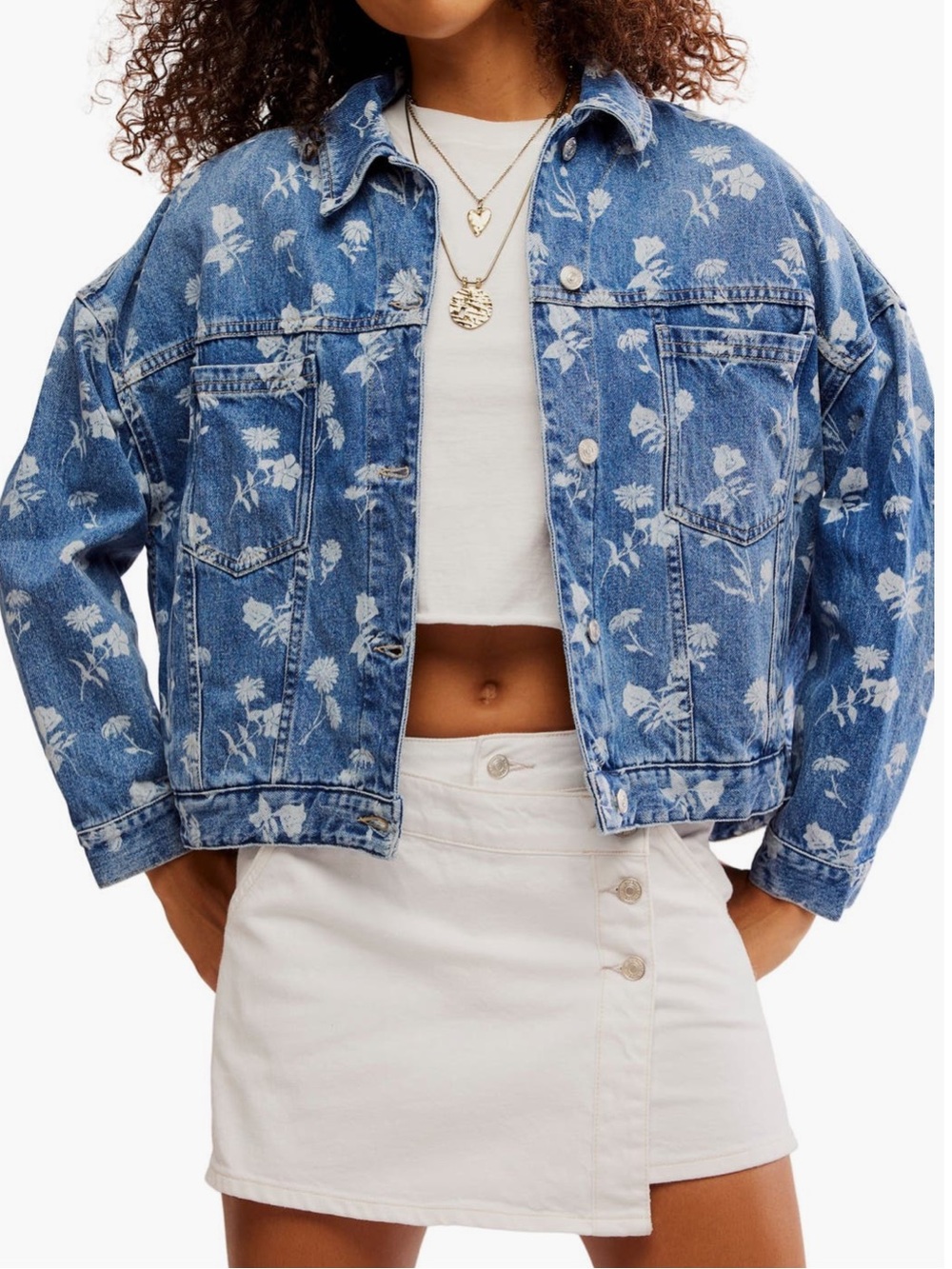 Free People Opal Floral Swing Denim Jacket Fallen Daisy Size Small